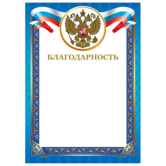 Грамота "Благодарность", А4, мелованный картон, конгрев, тиснение фольгой, синяя рамка, BRAUBERG, 128345 за 18 ₽. Грамоты и дипломы. Доставка по России. Без переплат!