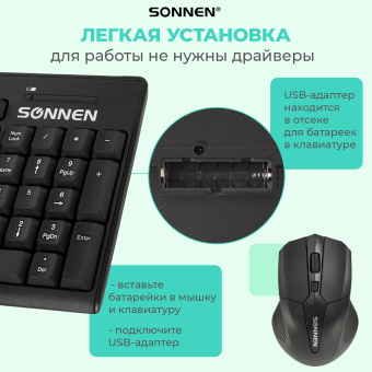 Набор беспроводной SONNEN K-648, клавиатура 117 клавиш, мышь 4 кнопки 1600 dpi, черный, 513208 за 1&nbsp;125 ₽. Комплекты клавиатура и мышь. Доставка по России. Без переплат!