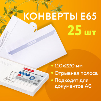 Конверты Е65 (110х220 мм), отрывная лента, "Куда-Кому", 80 г/м2, КОМПЛЕКТ 25 шт., внутренняя запечатка, BRAUBERG, 122450 за 104 ₽. Конверты почтовые. Доставка по России. Без переплат!