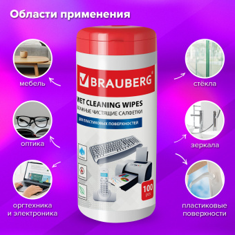 Салфетки для пластиковых поверхностей BRAUBERG, туба 100 шт., влажные, 510123 за 153 ₽. Чистящие салфетки для техники. Доставка по России. Без переплат!
