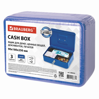 Ящик для денег, ценностей, документов, печатей, 90х180х250 мм, ключевой замок, синий, BRAUBERG, 290335 за 1&nbsp;504 ₽. Ящики для денег, ценностей, документов, печатей. Доставка по России. Без переплат!