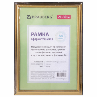 Рамка 21х30 см, пластик, багет 20 мм, BRAUBERG "HIT3", золото, стекло, 390990 за 207 ₽. Рамки для дипломов, сертификатов, грамот, фотографий. Доставка по России. Без переплат!