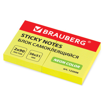 Блок самоклеящийся (стикеры), BRAUBERG, НЕОНОВЫЙ, 38х51 мм, 90 листов, КОМПЛЕКТ 2 штуки, желтый, 122698 за 58 ₽. Блоки самоклеящиеся. Доставка по России. Без переплат!