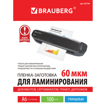 Пленки-заготовки для ламинирования МАЛОГО ФОРМАТА, А6, КОМПЛЕКТ 100 шт., 60 мкм, BRAUBERG, 531784 за 273 ₽. Пакеты для ламинирования. Доставка по России. Без переплат!