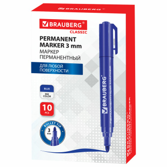 Маркер перманентный BRAUBERG "Classic", СИНИЙ, круглый наконечник, 3 мм, с клипом, 150301 за 51 ₽. Маркеры перманентные. Доставка по России. Без переплат!