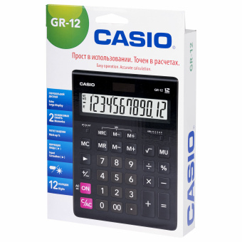 Калькулятор настольный CASIO GR-12-W (209х155 мм), 12 разрядов, двойное питание, черный, европодвес, GR-12-W-EP за 1 711 ₽. Калькуляторы настольные. Доставка по России. Без переплат!