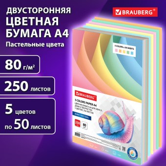 Бумага цветная BRAUBERG, А4, 80 г/м2, 250 л. (5 цветов х 50 листов), пастель, для офисной техники, 112463 за 697 ₽. Бумага цветная форматная. Доставка по России. Без переплат!
