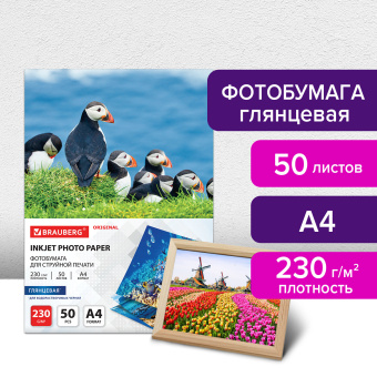 Фотобумага глянцевая, А4, 230 г/м2, односторонняя, 50 листов, BRAUBERG ORIGINAL, 363990 за 625 ₽. Фотобумага. Доставка по России. Без переплат!