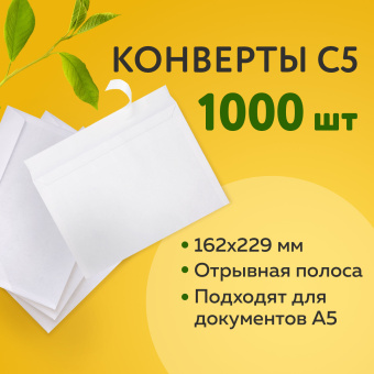Конверты С5 (162х229 мм), отрывная лента, 80 г/м2, КОМПЛЕКТ 1000 шт. за 3 152 ₽. Конверты почтовые. Доставка по России. Без переплат!