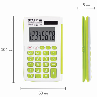 Калькулятор карманный STAFF STF-6238 (104х63 мм), 8 разядов, двойное питание, БЕЛЫЙ С ЗЕЛЁНЫМИ КНОПКАМИ, блистер, 250283 за 365 ₽. Калькуляторы карманные. Доставка по России. Без переплат!