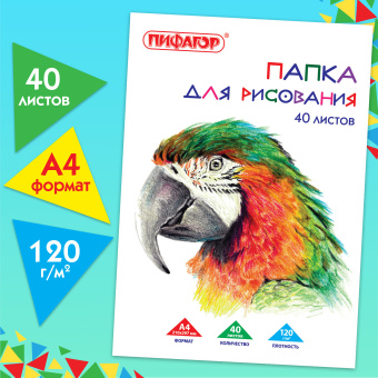 Папка для рисования, А4, 40 л., 120 г/м2, ПИФАГОР, 210х297 мм, "Попугай", 129222 за 137 ₽. Альбомы и папки для рисования. Доставка по России. Без переплат!