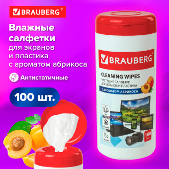Салфетки для экранов всех типов и пластика BRAUBERG с ароматом АБРИКОС, туба 100 шт., влажные, 513321 за 174 ₽. Чистящие салфетки для техники. Доставка по России. Без переплат!