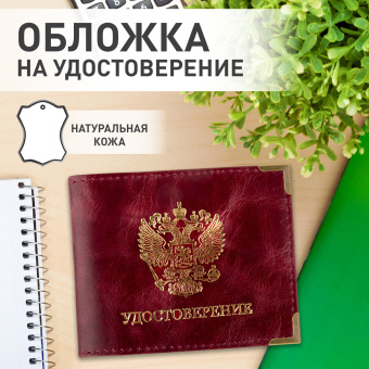 Обложка для удостоверения натуральная кожа пулап, герб + "УДОСТОВЕРЕНИЕ", бордовая, BRAUBERG, 238200 за 252 ₽. Обложки для документов. Доставка по России. Без переплат!