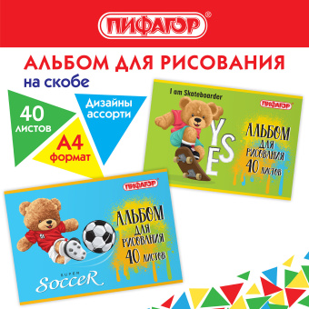 Альбом для рисования А4 40 л., скоба, обложка офсет, ПИФАГОР, 203х288 мм, "Тедди" (2 вида), 106701 за 75 ₽. Альбомы и папки для рисования. Доставка по России. Без переплат!