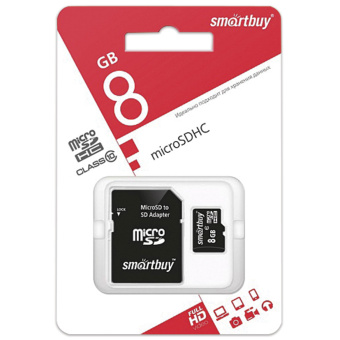 Карта памяти micro SDHC, 8 GB, SMARTBUY, 10 Мб/сек. (class 10), с адаптером, SB8GBSDCL10-01 за 358 ₽. Карты памяти. Доставка по России. Без переплат!