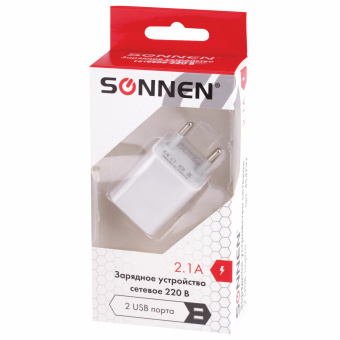 Зарядное устройство сетевое (220В) SONNEN, 2 порта USB, выходной ток 2,1 А, белое, 454797 за 374 ₽. Зарядные устройства для портативной электроники. Доставка по России. Без переплат!