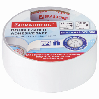 Клейкая двухсторонняя лента 38 мм х 10 м, БУМАЖНАЯ ОСНОВА, BRAUBERG, 229056 за 131 ₽. Клейкие ленты специальные. Доставка по России. Без переплат!