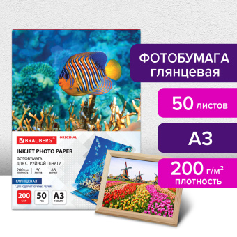 Фотобумага глянцевая БОЛЬШОГО ФОРМАТА, А3, 200 г/м2, односторонняя, 50 листов, BRAUBERG ORIGINAL, 363995 за 976 ₽. Фотобумага. Доставка по России. Без переплат!