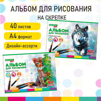 Альбом для рисования, А4, 40 листов, скоба, обложка картон, BRAUBERG KIDS, 200х285 мм, "Зверята" (2 вида), 106683 за 80 ₽. Альбомы и папки для рисования. Доставка по России. Без переплат!