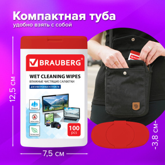 Салфетки для электронных устройств универсальные BRAUBERG, компактная туба 100 шт., влажные, 512810 за 170 ₽. Чистящие салфетки для техники. Доставка по России. Без переплат!