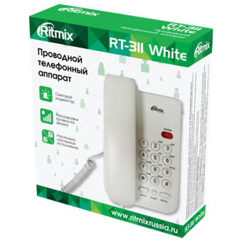 Телефон RITMIX RT-311 white, световая индикация звонка, тональный/импульсный режим, повтор, белый, 80002232 за 1 186 ₽. Стационарные телефоны. Доставка по России. Без переплат!