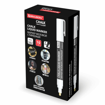 Маркер меловой CHALK LIQUID MARKER, БЕЛЫЙ, 3 мм, стираемый, BRAUBERG "CHALK", 152585 за 94 ₽. Маркеры меловые. Доставка по России. Без переплат!