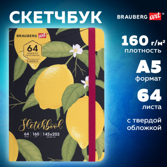 Скетчбук, белая бумага 160 г/м2, 145х203 мм, 64 л., резинка, твердый, BRAUBERG ART CLASSIC "Лимоны", 114591 за 170 ₽. Альбомы, скетчбуки и бумага для графики и эскизов. Доставка по России. Без переплат!