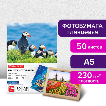 Фотобумага глянцевая, А5, 230 г/м2, односторонняя, 50 листов, BRAUBERG ORIGINAL, 363977 за 321 ₽. Фотобумага. Доставка по России. Без переплат!