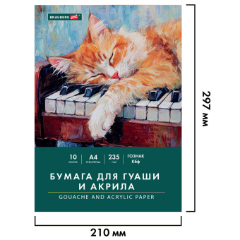 Бумага для гуаши и акрила А4 10 л., 235 г/м2, 210х297 мм, в папке, BRAUBERG ART CLASSIC, "Кот-музыкант", 117731 за 79 ₽. Альбомы и бумага для акварели и масла. Доставка по России. Без переплат!