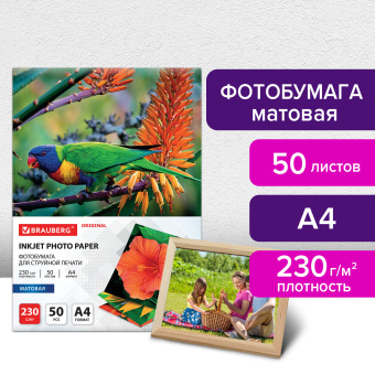 Фотобумага матовая, А4, 230 г/м2, односторонняя, 50 листов, BRAUBERG ORIGINAL, 363991 за 418 ₽. Фотобумага. Доставка по России. Без переплат!