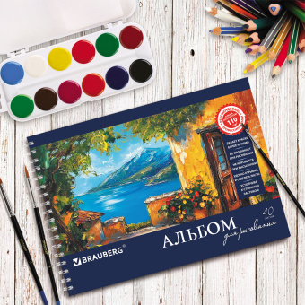 Альбом для рисования, А4, 40 листов, гребень, обложка картон, BRAUBERG, 205х290 мм, "Пейзаж с цветами" (2 вида), 103730 за 102 ₽. Альбомы и папки для рисования. Доставка по России. Без переплат!