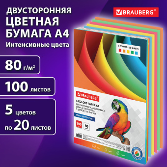 Бумага цветная BRAUBERG, А4, 80 г/м2, 100 л., (5 цветов х 20 л.), интенсив, для офисной техники, 112461 за 283 ₽. Бумага цветная форматная. Доставка по России. Без переплат!