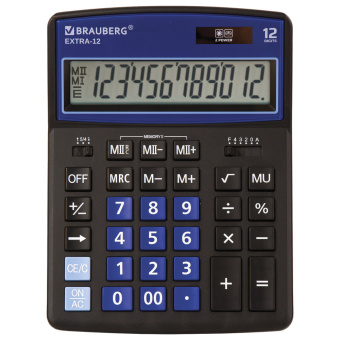 Калькулятор настольный BRAUBERG EXTRA-12-BKBU (206x155 мм), 12 разрядов, двойное питание, ЧЕРНО-СИНИЙ, 250472 за 988 ₽. Калькуляторы настольные. Доставка по России. Без переплат!