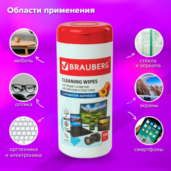 Салфетки для экранов всех типов и пластика BRAUBERG с ароматом АБРИКОС, туба 100 шт., влажные, 513321 за 174 ₽. Чистящие салфетки для техники. Доставка по России. Без переплат!