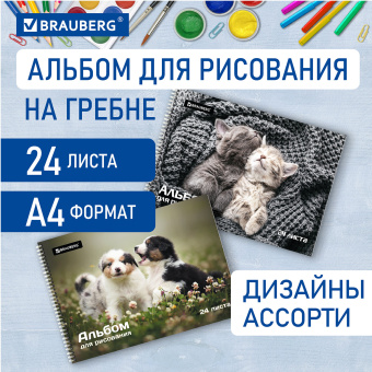 Альбом для рисования А4, 24 листа, гребень, обложка картон, BRAUBERG, 195х285 мм, "Питомцы" (2 вида), 106696 за 67 ₽. Альбомы и папки для рисования. Доставка по России. Без переплат!