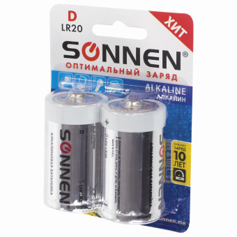 Батарейки КОМПЛЕКТ 2 шт, SONNEN Alkaline, D (LR20, 13А), алкалиновые, в блистере, 451091 за 270 ₽. Батарейки. Доставка по России. Без переплат!