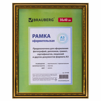 Рамка 30х40 см, пластик, багет 30 мм, BRAUBERG "HIT4", золото, стекло, 391008 за 420 ₽. Рамки для дипломов, сертификатов, грамот, фотографий. Доставка по России. Без переплат!