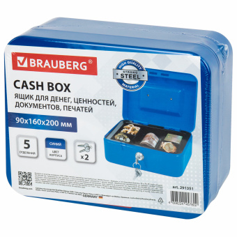 Ящик для денег, ценностей, документов, печатей, 90х160х200 мм, ключевой замок, синий, BRAUBERG, 291351 за 1&nbsp;023 ₽. Ящики для денег, ценностей, документов, печатей. Доставка по России. Без переплат!