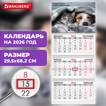 Календарь квартальный на 2026 г., 3 блока, 3 гребня, бегунок, офсет, BRAUBERG, "Домашние любимцы", 116763 за 133 ₽. Календари настенные. Доставка по России. Без переплат!
