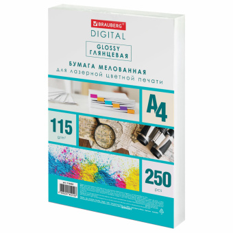 Бумага BRAUBERG DIGITAL GLOSSY мелованная глянцевая А4, 115 г/м2, 250 л., для полноцветной лазерной печати, 120% (CIE), 116401 за 758 ₽. Бумага для цветной лазерной печати. Доставка по России. Без переплат!