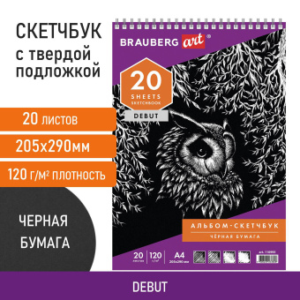 Скетчбук, черная бумага 120 г/м2, 205х290 мм, 20 л., гребень, жёсткая подложка, BRAUBERG ART DEBUT, 110995 за 127 ₽. Альбомы, скетчбуки и бумага для графики и эскизов. Доставка по России. Без переплат!