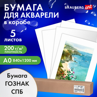 Бумага для акварели А0 (1200х840 мм), 5 листов, среднее зерно, 200 г/м2, ГОЗНАК, BRAUBERG ART CLASSIC, 114487 за 852 ₽. Альбомы и бумага для акварели и масла. Доставка по России. Без переплат!