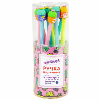 Ручка с топпером шариковая ЮНЛАНДИЯ "Кактус", корпус ассорти, СИНЯЯ, пишущий узел 0,7 мм, 143800 за 39 ₽. Ручки фигурные. Доставка по России. Без переплат!