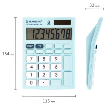 Калькулятор настольный BRAUBERG ULTRA PASTEL-08-LB, КОМПАКТНЫЙ (154x115 мм), 8 разрядов, двойное питание, ГОЛУБОЙ, 250513 за 618 ₽. Калькуляторы настольные. Доставка по России. Без переплат!