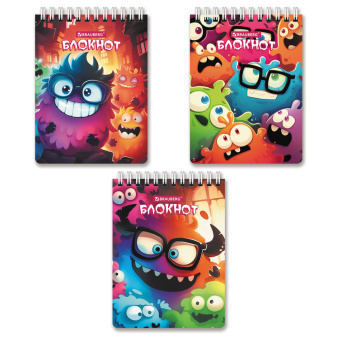 Блокнот МАЛЫЙ ФОРМАТ А6 97х145мм, 60л, гребень, картон, клетка, BRAUBERG МОНСТРИКИ, 116997 за 38 ₽. Блокноты. Доставка по России. Без переплат!