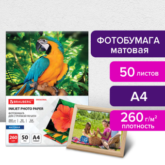 Фотобумага матовая, А4, 260 г/м2, односторонняя, 50 листов, BRAUBERG ORIGINAL, 363993 за 499 ₽. Фотобумага. Доставка по России. Без переплат!