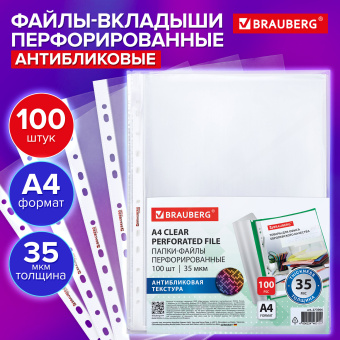 Папки-файлы перфорированные с антибликовой текстурой А4 BRAUBERG PIXEL, КОМПЛЕКТ 100 шт., 35 мкм, 273006 за 265 ₽. Папки перфорированные. Доставка по России. Без переплат!
