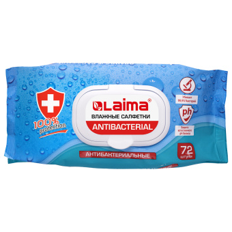 Салфетки влажные 72 шт., АНТИБАКТЕРИАЛЬНЫЕ с пластиковым клапаном, LAIMA "Antibacterial", 129997 за 153 ₽. Салфетки влажные. Доставка по России. Без переплат!