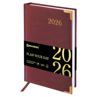 Ежедневник датированный 2026, А5, 138x213 мм, BRAUBERG "Senator", под кожу, коричневый, 117090 за 422 ₽. Ежедневники с покрытием "под кожу и ткань". Доставка по России. Без переплат!
