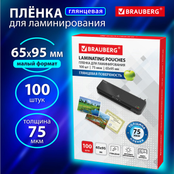 Пленки-заготовки для ламинирования МАЛОГО ФОРМАТА (65х95 мм), КОМПЛЕКТ 100 штук, 75 мкм, BRAUBERG, 531791 за 114 ₽. Пакеты для ламинирования. Доставка по России. Без переплат!